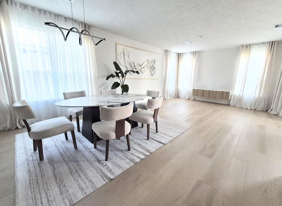 Dining room, Interior, Pendant Lights, Recessed Lighting, Wood Texture Flooring
