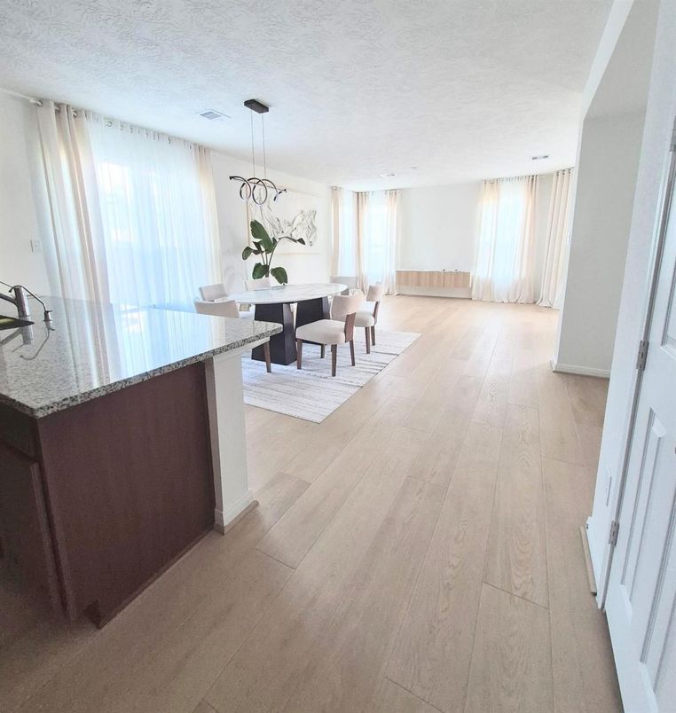 Dining room, Interior, Pendant Lights, Wood Texture Flooring