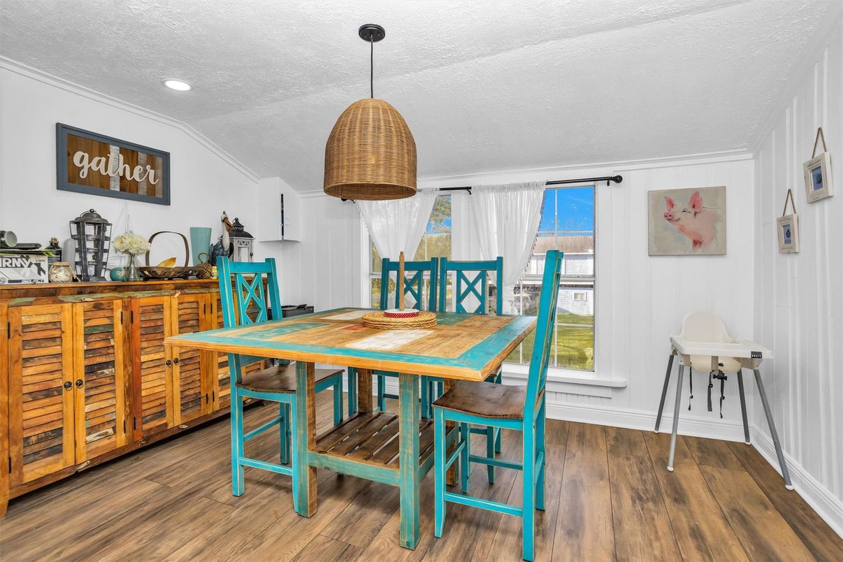 Dining room, Interior, Recessed Lighting, Wood Texture Flooring