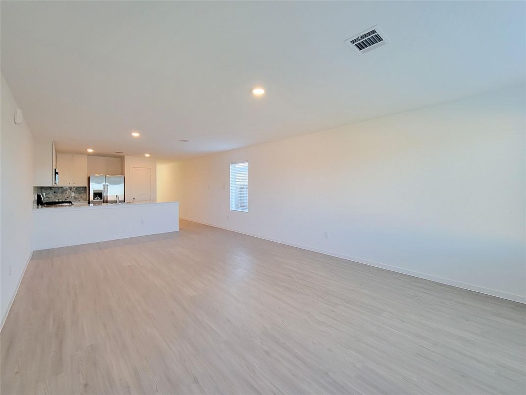 Empty room, Interior, Kitchen, Recessed Lighting, Wood Texture Flooring