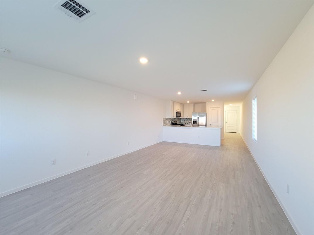 Empty room, Interior, Kitchen, Recessed Lighting, Wood Texture Flooring