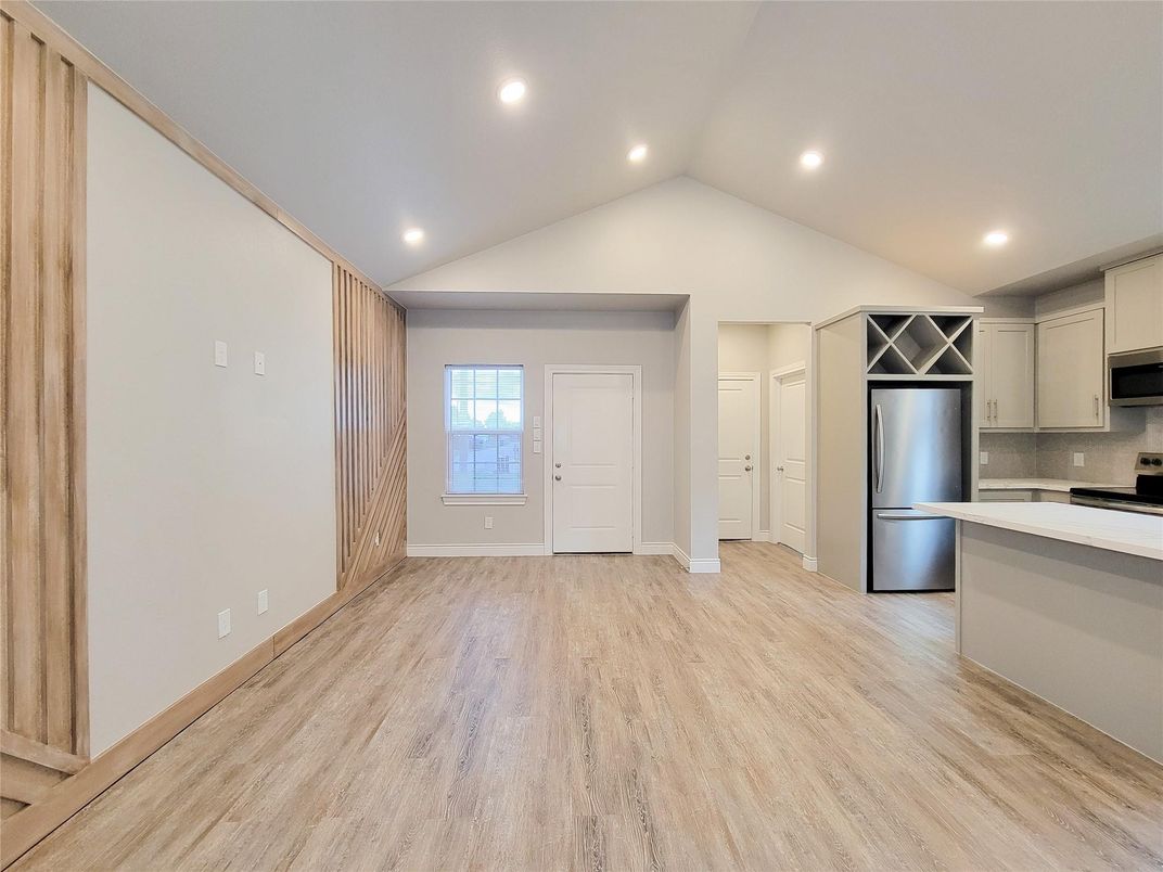 Empty room, Interior, Kitchen, Recessed Lighting, Wood Texture Flooring