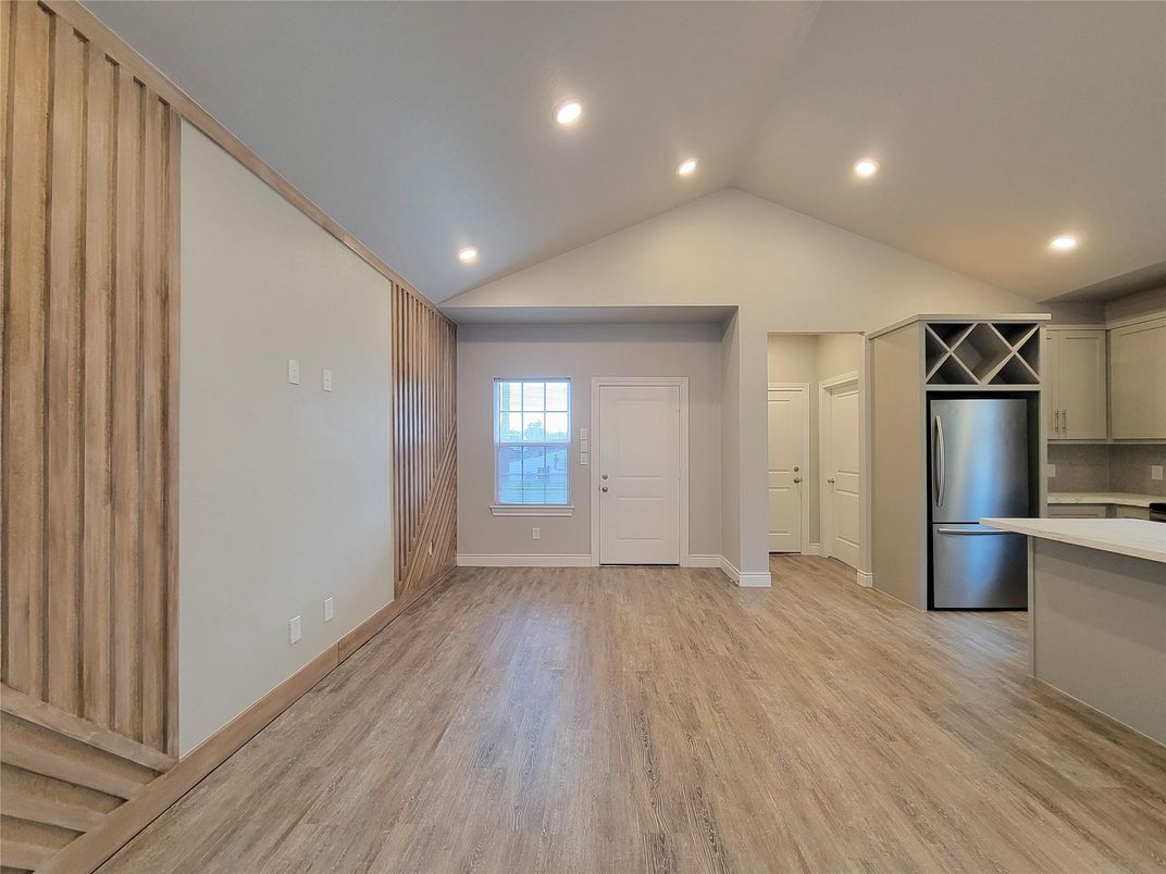 Empty room, Interior, Kitchen, Recessed Lighting, Wood Texture Flooring