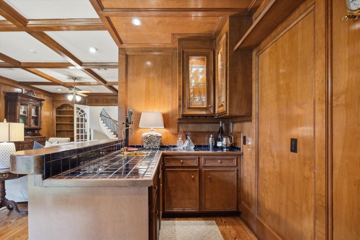 Interior, Kitchen, Recessed Lighting, Tile Countertops, Wooden Beams, Wood Texture Flooring