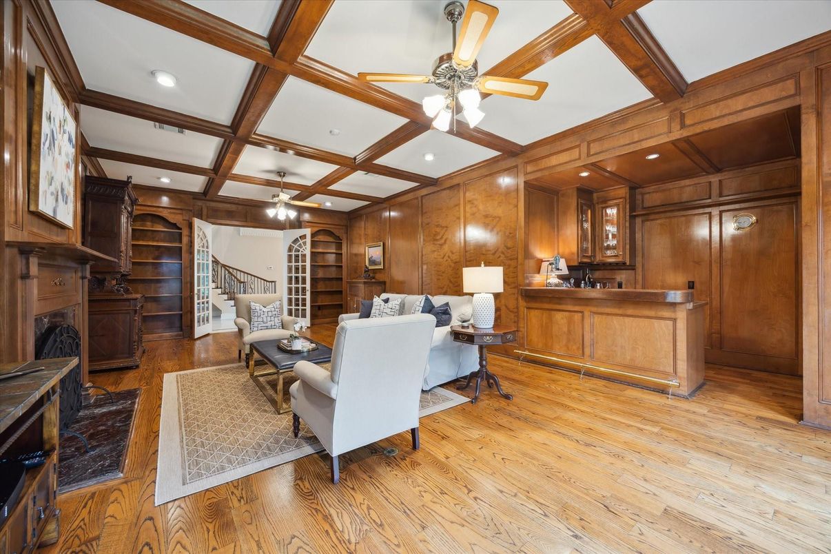 Fireplace, Home Office, Interior, Living room, Recessed Lighting, Wooden Beams, Wood Texture Flooring, Wooden Walls