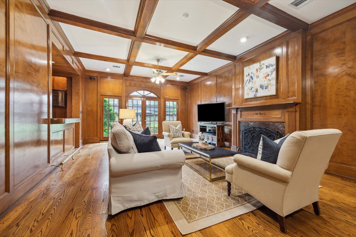 Fireplace, Interior, Living room, Recessed Lighting, Wooden Beams, Wood Texture Flooring, Wooden Walls