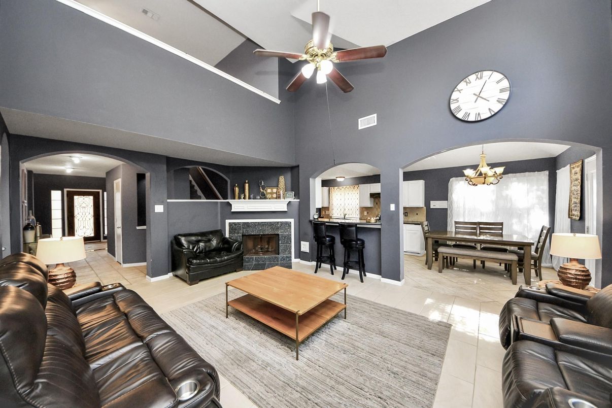 Chandelier, Dining room, Fireplace, Interior, Kitchen, Living room