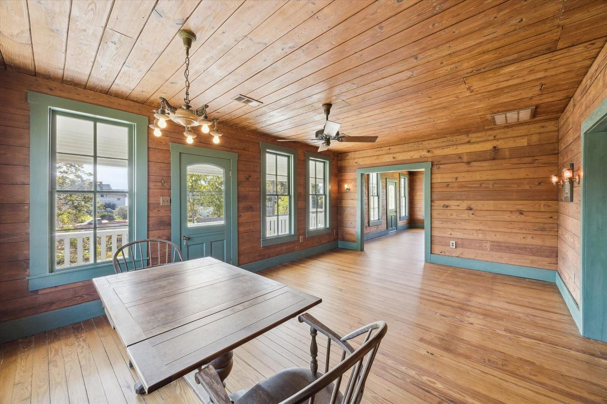 Dining room, Interior, Pendant Lights, Wooden Ceilings, Wood Texture Flooring, Wooden Walls