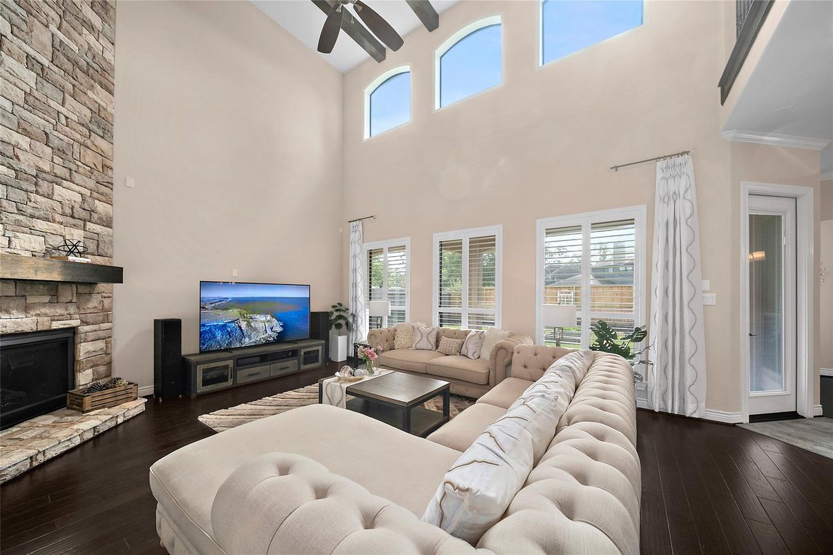 Fireplace, Interior, Living room, Stone Walls, Wood Texture Flooring