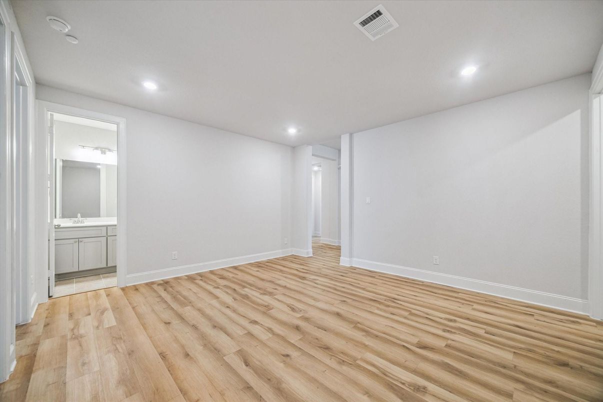 Bathroom, Empty room, Interior, Recessed Lighting, Wood Texture Flooring