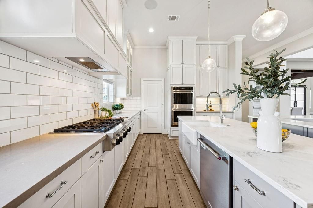 Interior, Kitchen, Pendant Lights, Recessed Lighting, Stainless Steel Appliances, Wood Texture Flooring