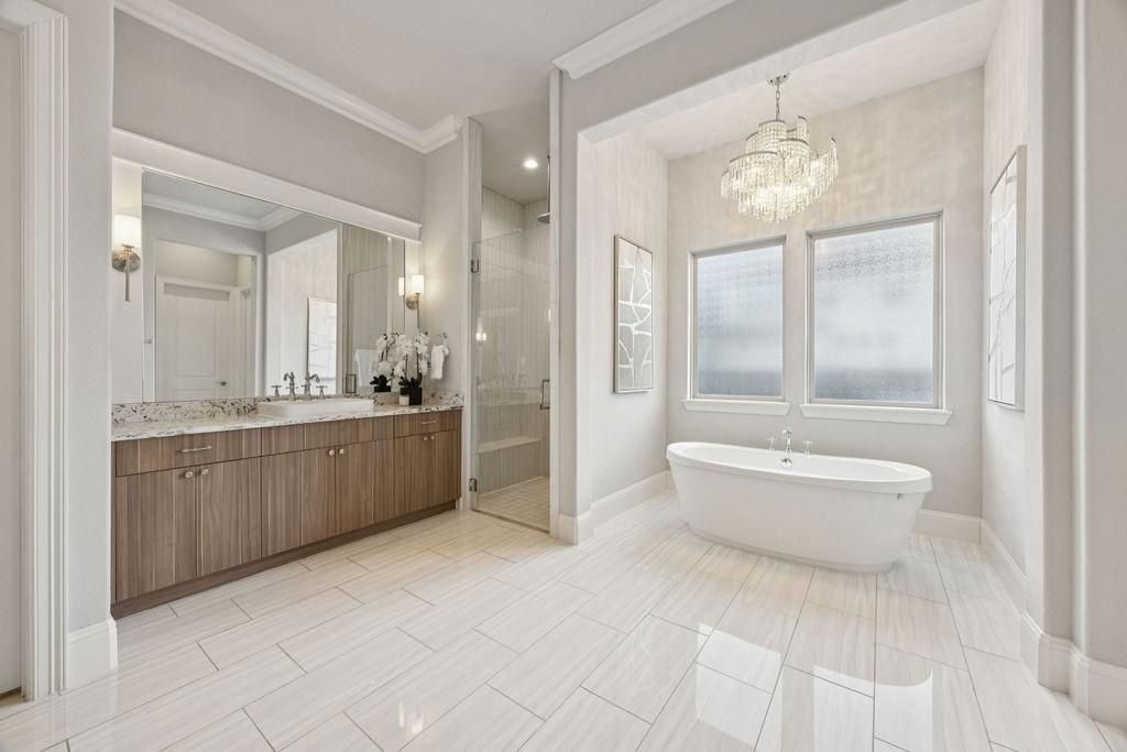 Bathroom, Chandelier, Dual Sink Vanities, Free Standing Baths, Glass Shower, Interior, Recessed Lighting