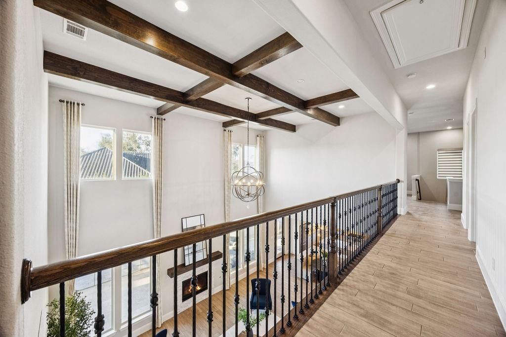 Chandelier, Interior, Pendant Lights, Recessed Lighting, Wooden Beams, Wood Texture Flooring