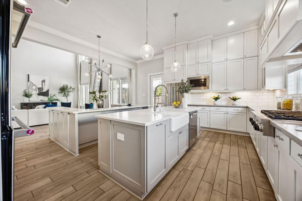 Interior, Kitchen, Pendant Lights, Recessed Lighting, Stainless Steel Appliances, Wood Texture Flooring