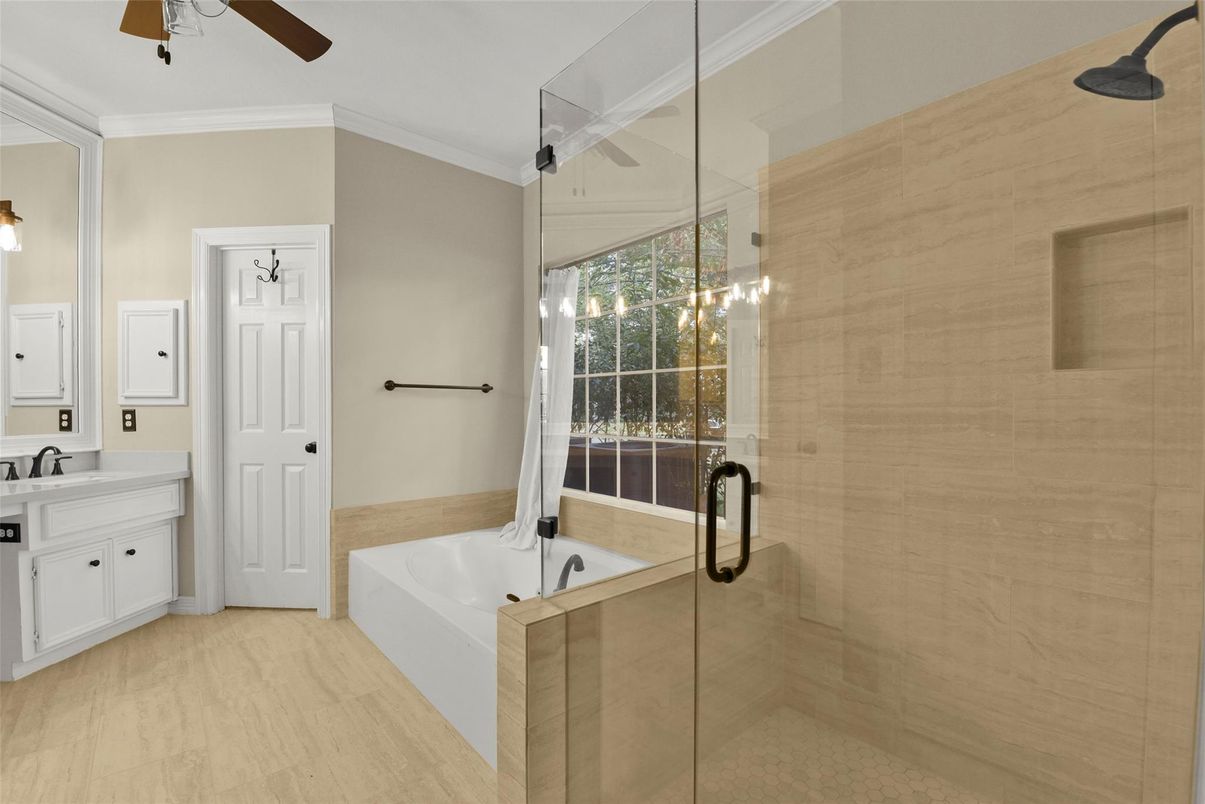 Bathroom, Glass Shower, Interior, Wood Texture Flooring