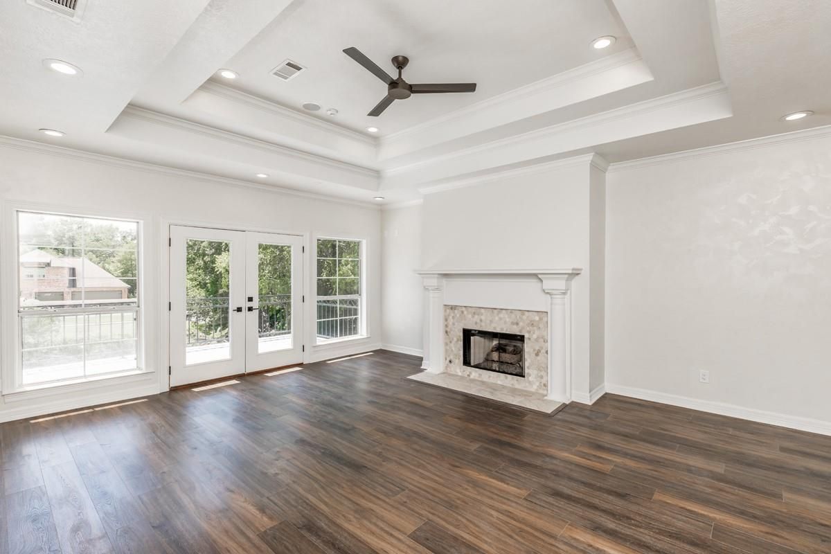 Empty room, Fireplace, Interior, Recessed Lighting, Wood Texture Flooring