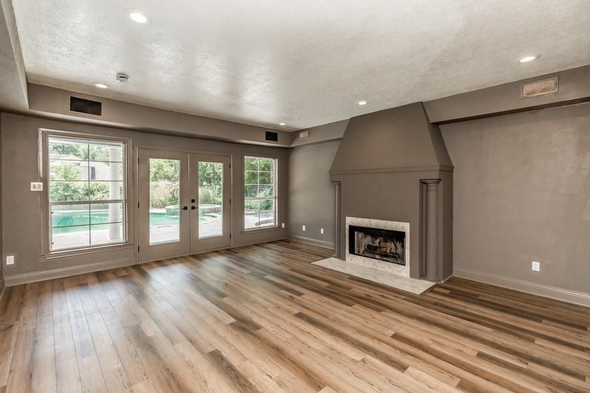 Empty room, Fireplace, Interior, Recessed Lighting, Wood Texture Flooring