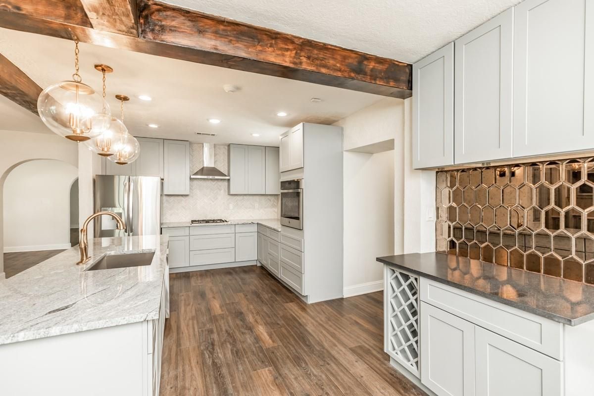 Interior, Kitchen, Pendant Lights, Recessed Lighting, Stainless Steel Appliances, Wooden Beams, Wood Texture Flooring