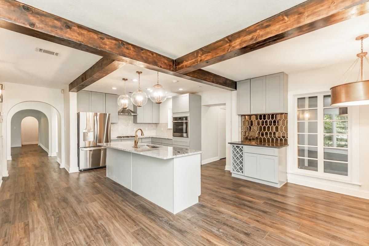 Interior, Kitchen, Pendant Lights, Recessed Lighting, Stainless Steel Appliances, Wooden Beams, Wood Texture Flooring