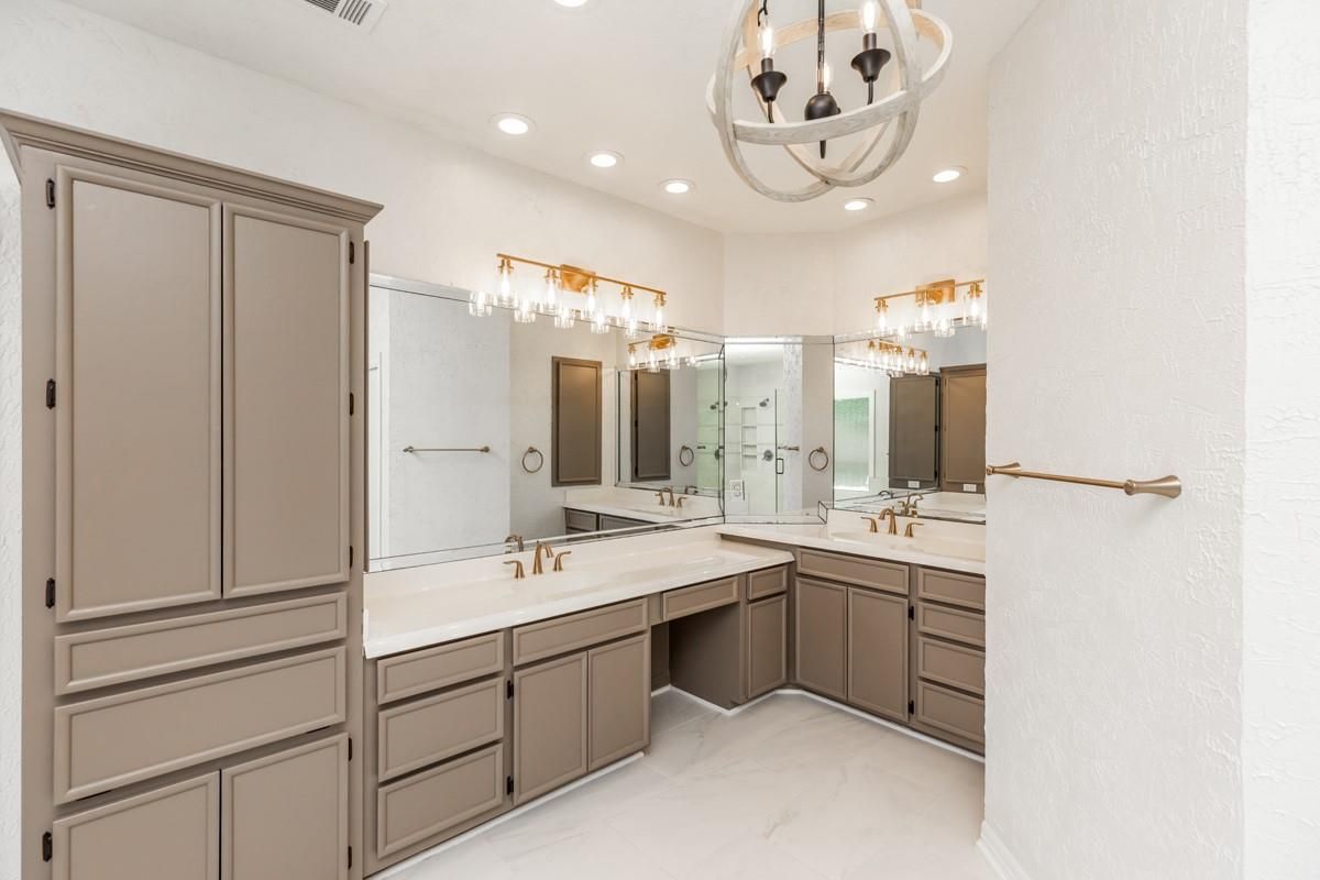 Bathroom, Chandelier, Dual Sink Vanities, Interior, Marble, Recessed Lighting