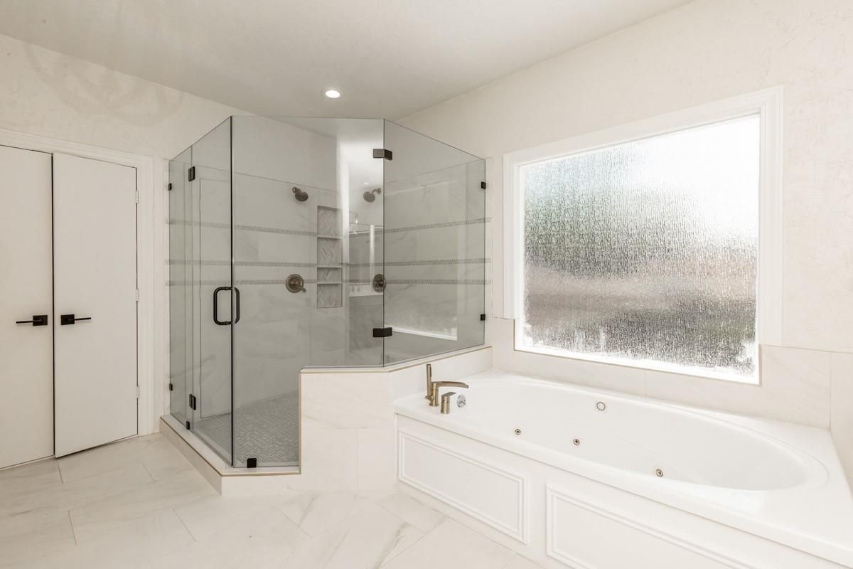 Bathroom, Glass Shower, Interior, Marble, Recessed Lighting