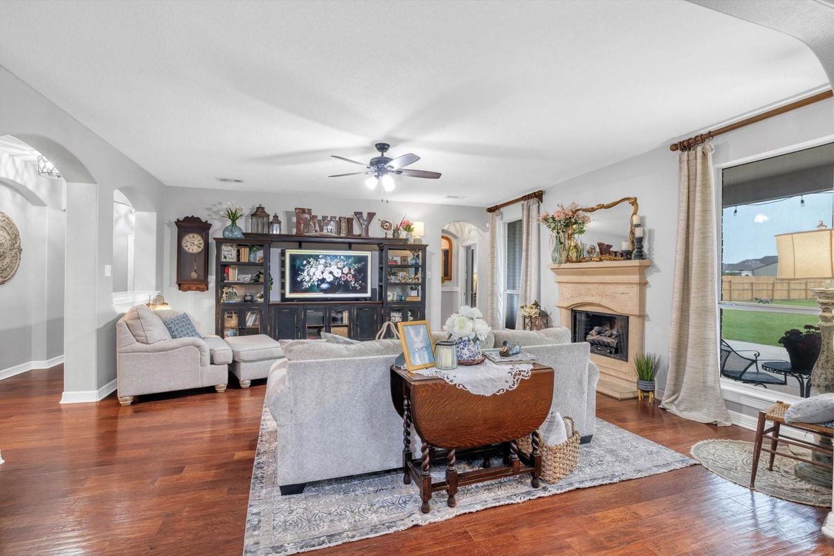 Dining room, Fireplace, Interior, Living room, Wood Texture Flooring
