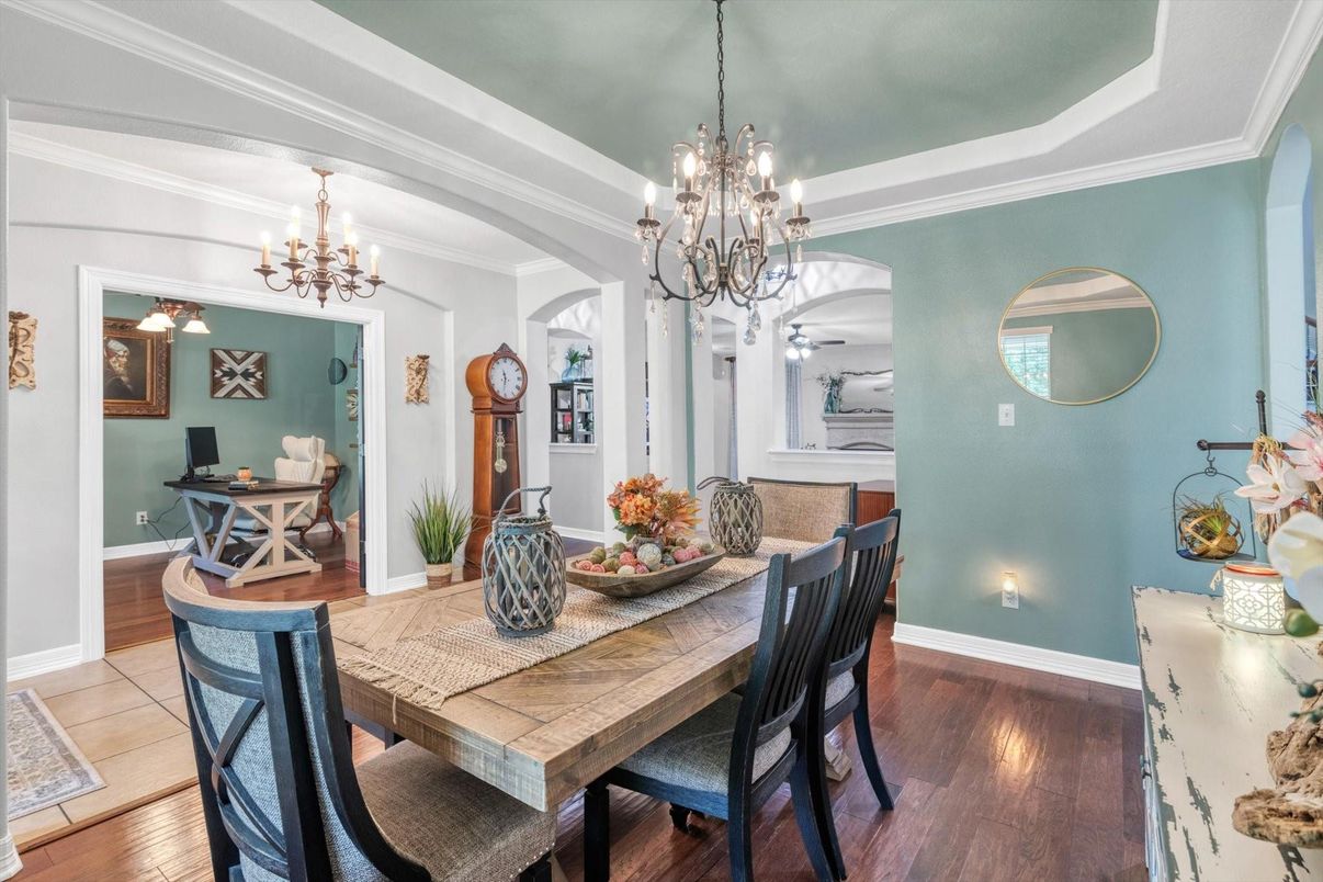 Chandelier, Dining room, Interior, Wood Texture Flooring