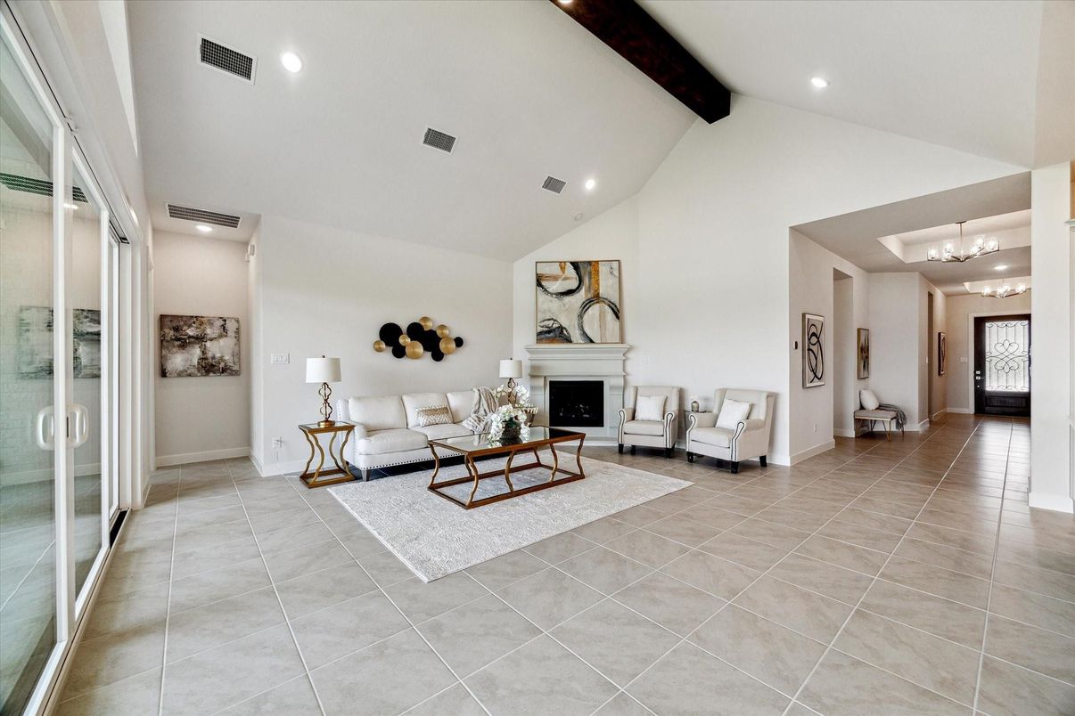 Fireplace, Interior, Living room, Recessed Lighting, Wooden Beams