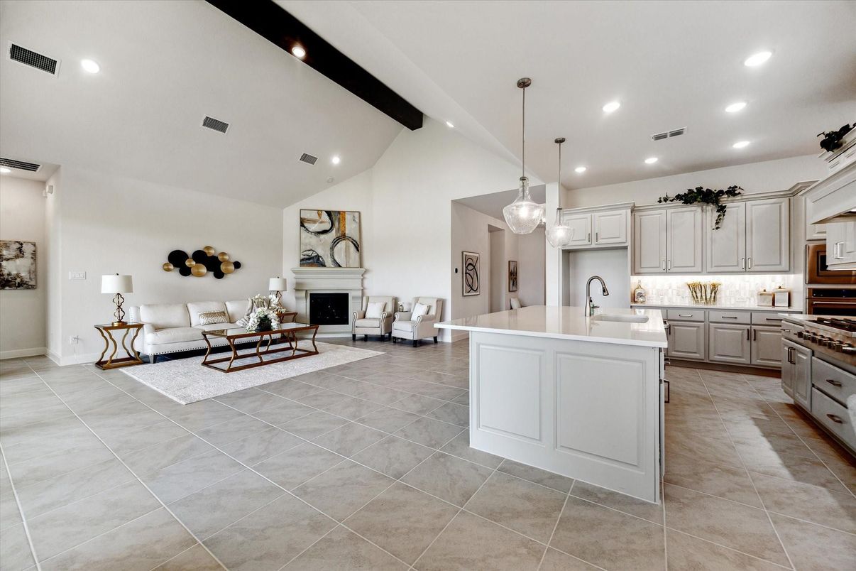 Fireplace, Interior, Kitchen, Living room, Pendant Lights, Recessed Lighting, Wooden Beams