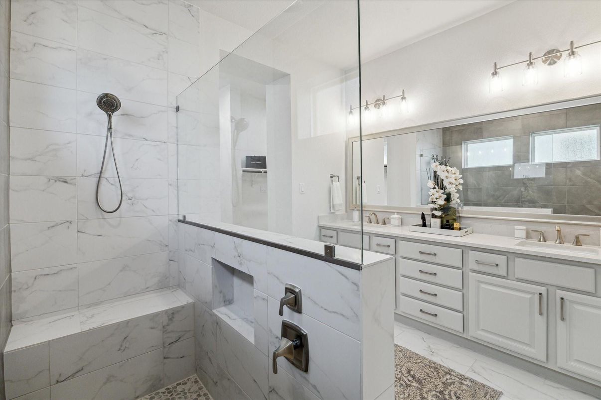 Bathroom, Dual Sink Vanities, Glass Shower, Interior, Marble Walls