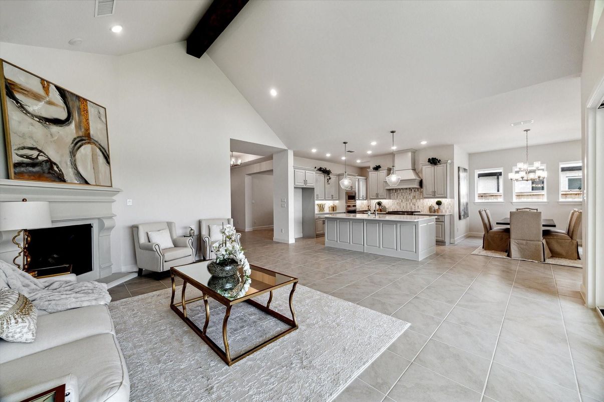 Chandelier, Dining room, Fireplace, Interior, Kitchen, Living room, Pendant Lights, Recessed Lighting, Stainless Steel Appliances, Wooden Beams