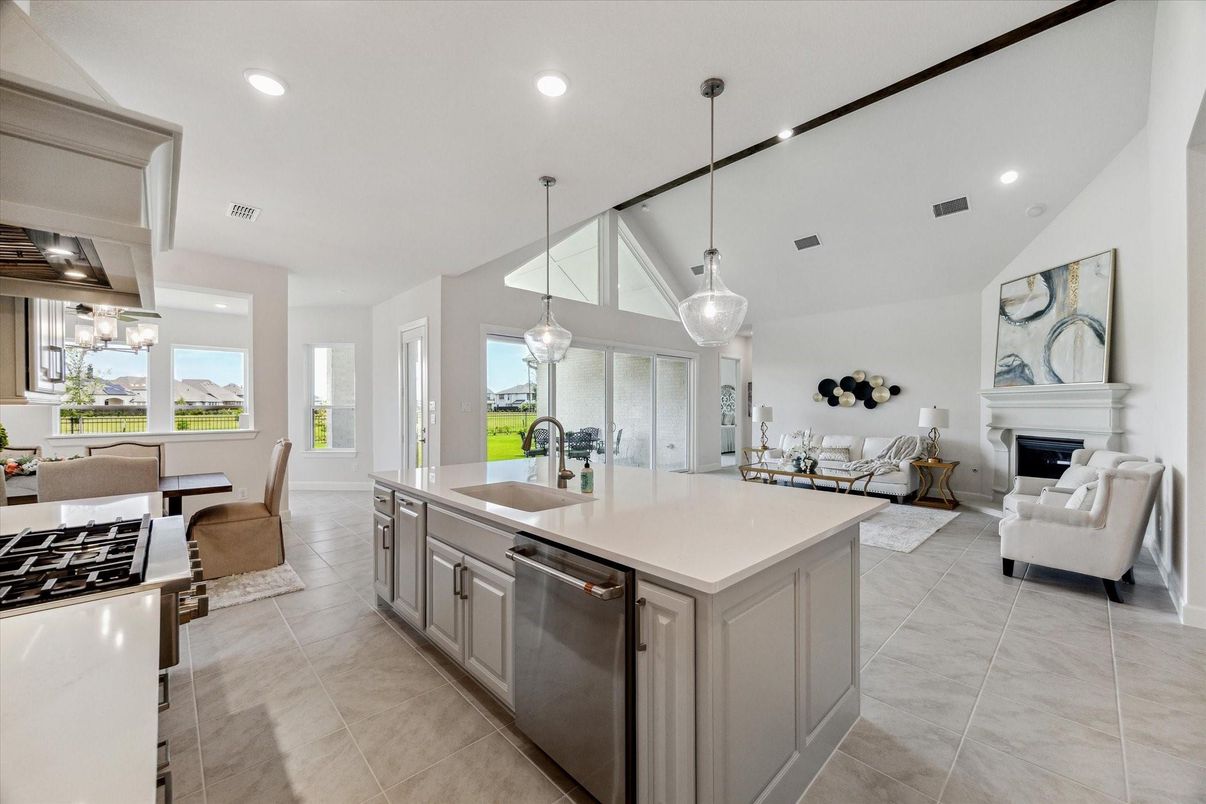 Dining room, Fireplace, Interior, Kitchen, Living room, Pendant Lights, Recessed Lighting, Stainless Steel Appliances, Water