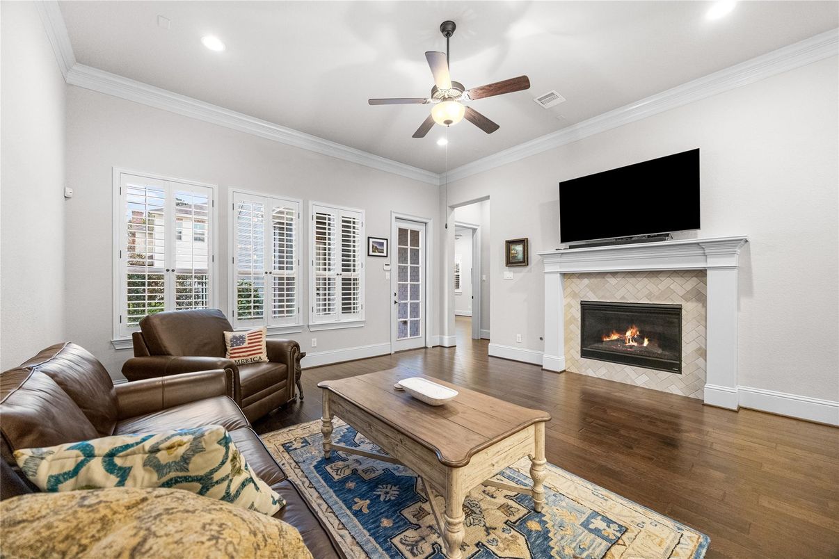 Fireplace, Interior, Living room, Recessed Lighting, Wood Texture Flooring