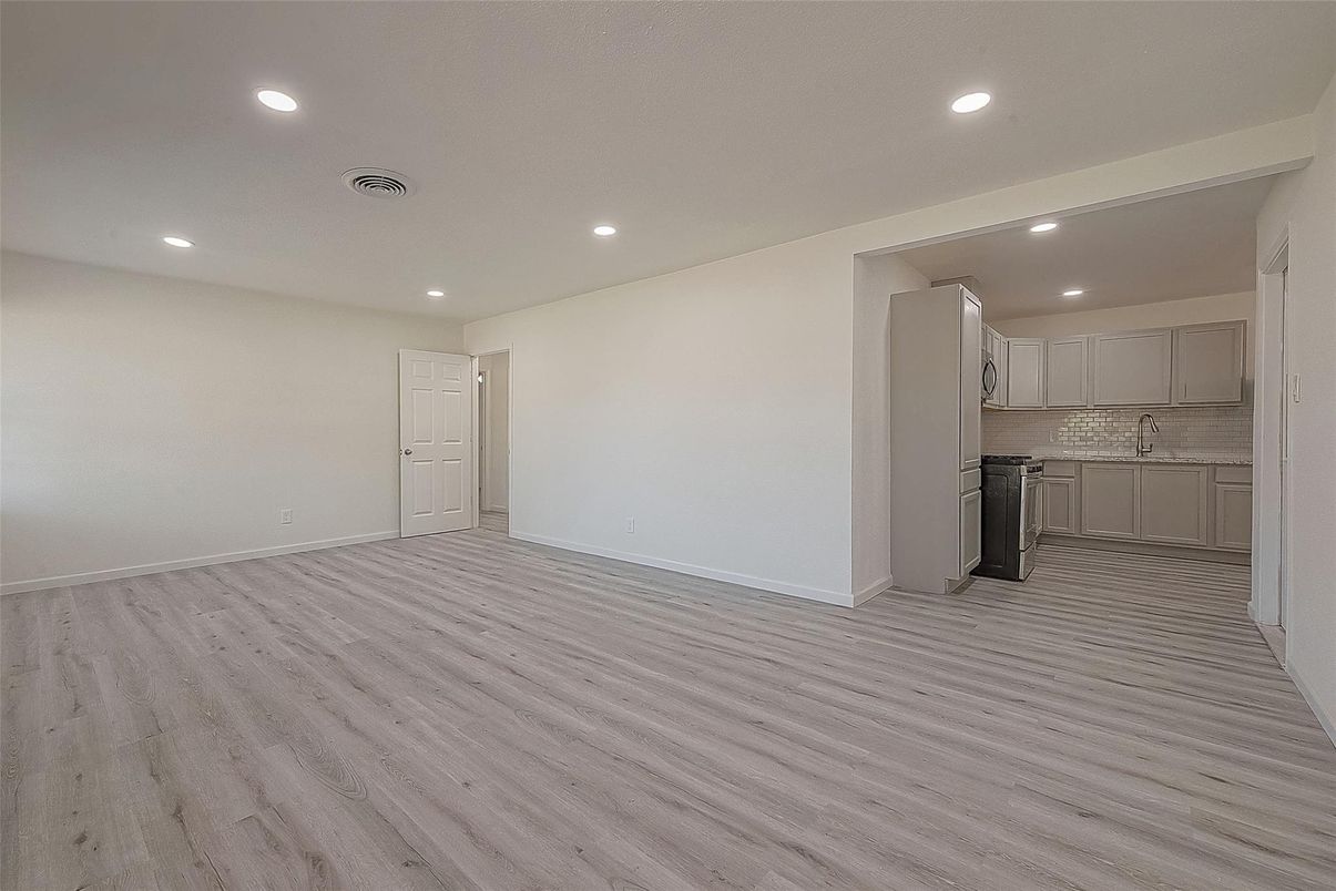 Empty room, Interior, Kitchen, Recessed Lighting, Wood Texture Flooring