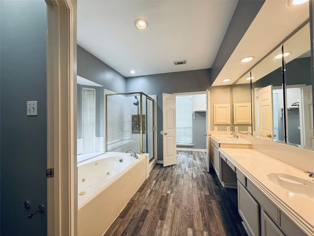 Bathroom, Dual Sink Vanities, Interior, Recessed Lighting, Wood Texture Flooring