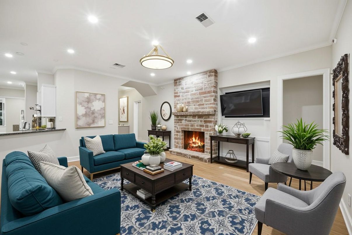 Fireplace, Interior, Living room, Pendant Lights, Recessed Lighting, Stone Walls, Wood Texture Flooring