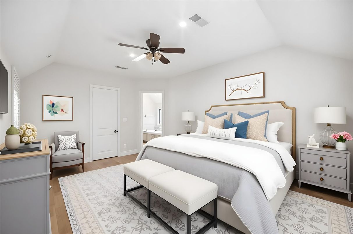 Bedroom, Interior, Recessed Lighting, Wood Texture Flooring