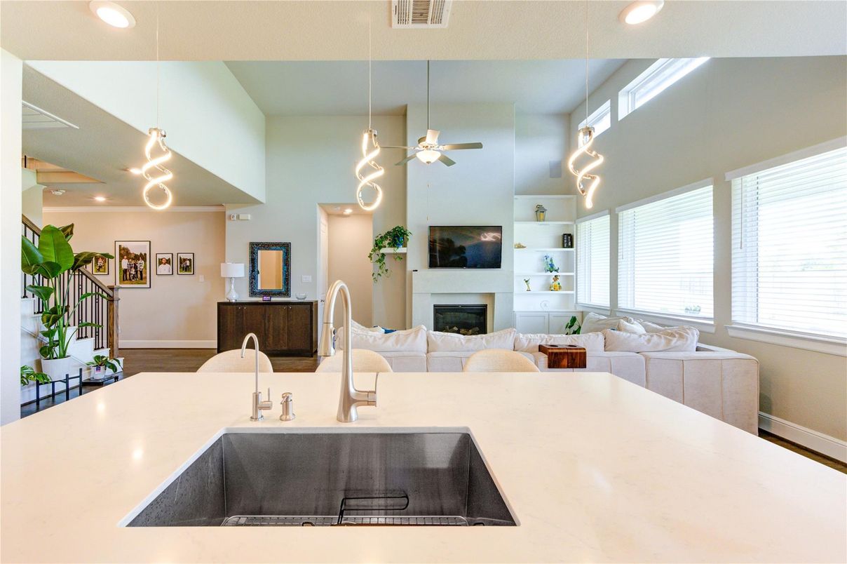 Fireplace, Interior, Kitchen, Living room, Pendant Lights, Recessed Lighting