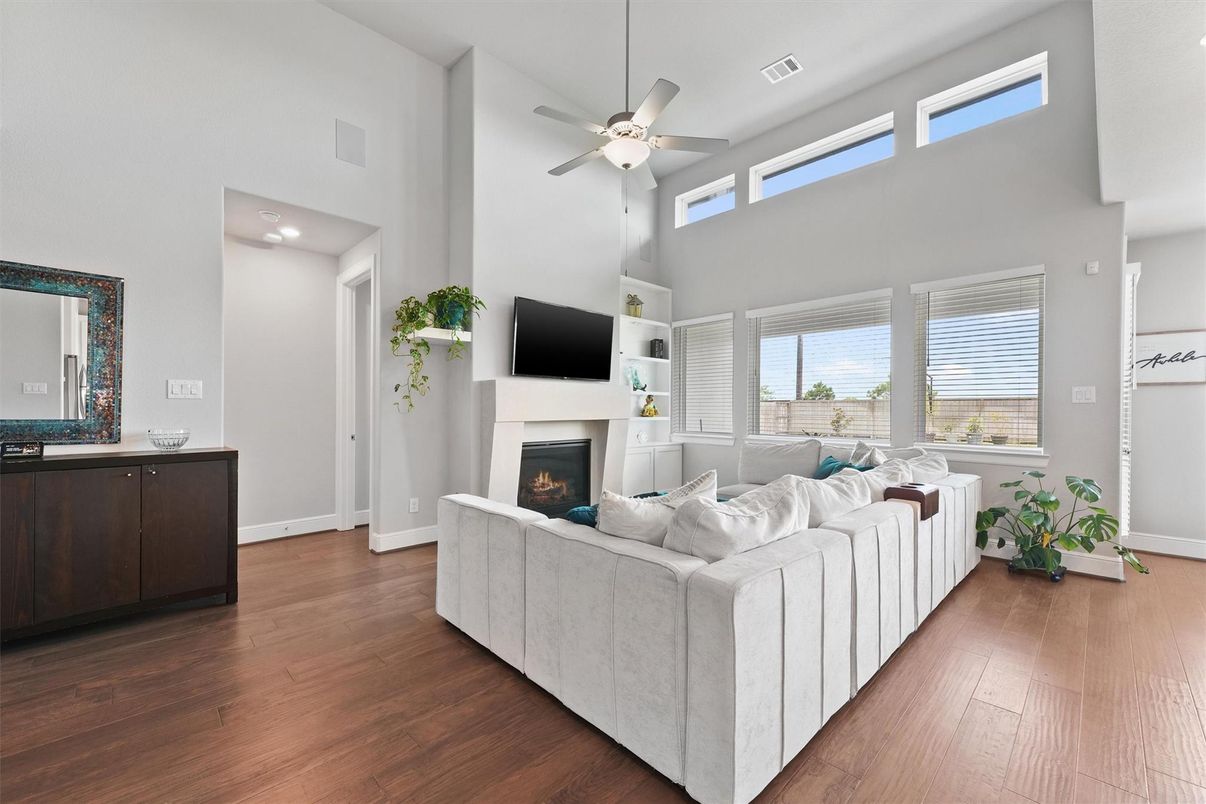 Fireplace, Interior, Living room, Recessed Lighting, Wood Texture Flooring