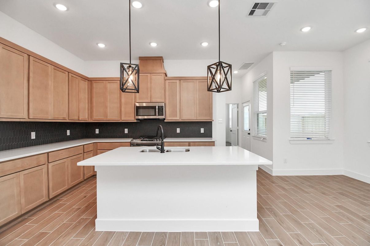Interior, Kitchen, Pendant Lights, Recessed Lighting, Wood Texture Flooring
