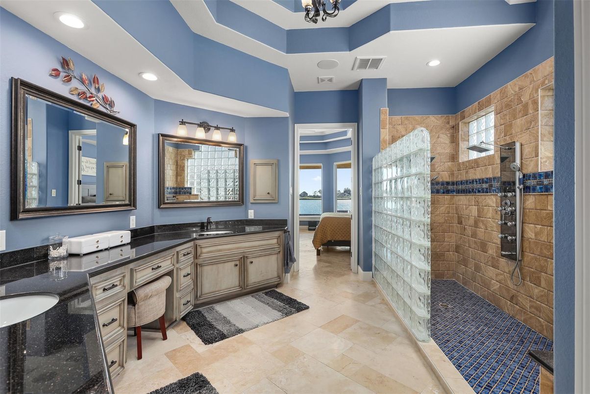 Bathroom, Dual Sink Vanities, Interior, Recessed Lighting, Stone Walls