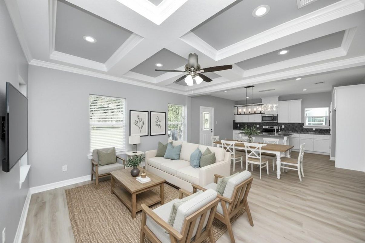 Chandelier, Dining room, Interior, Kitchen, Living room, Pendant Lights, Recessed Lighting, Wood Texture Flooring