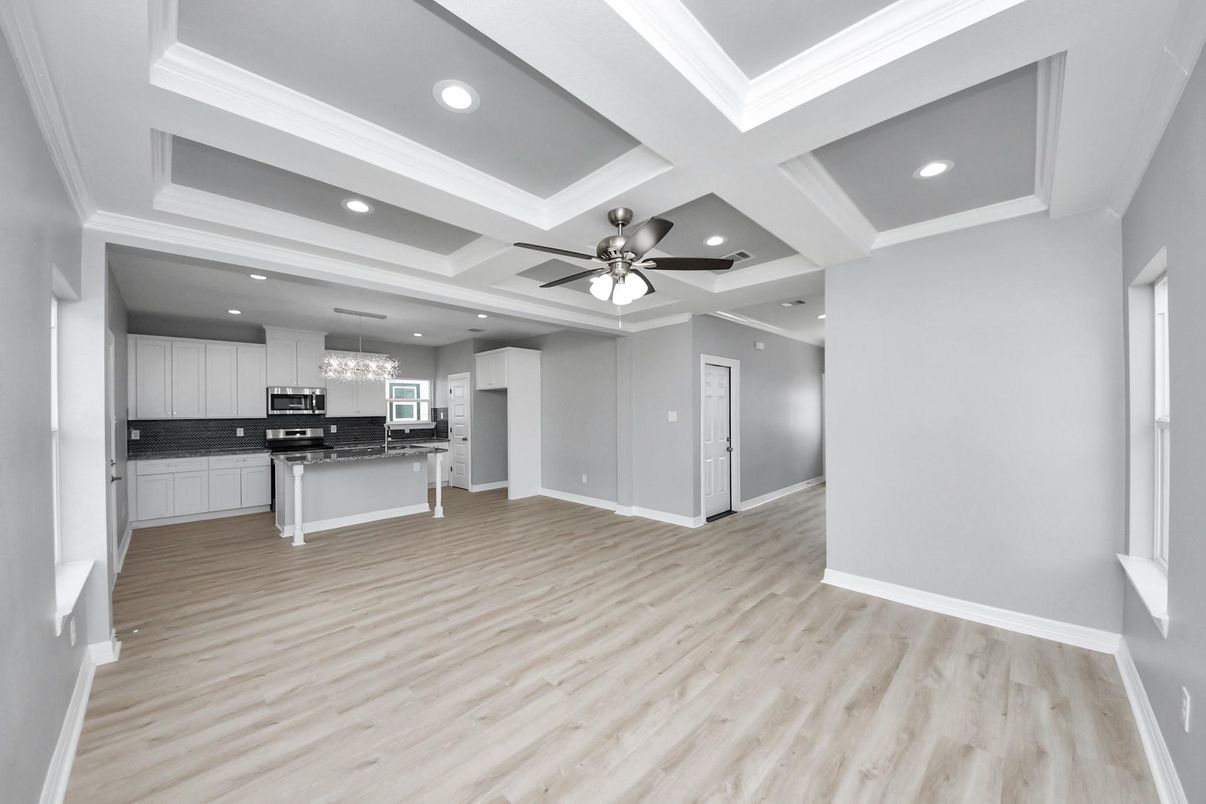 Chandelier, Interior, Kitchen, Recessed Lighting, Stainless Steel Appliances, Wood Texture Flooring