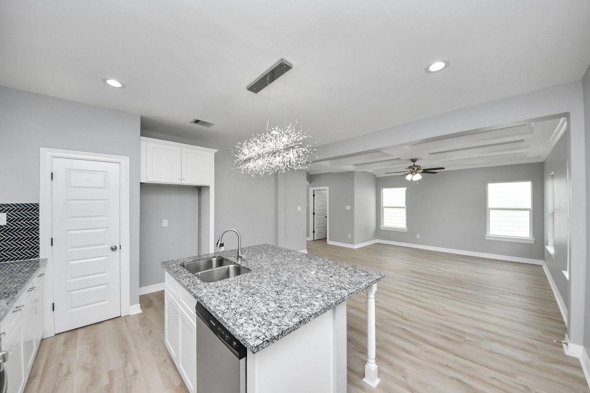 Chandelier, Interior, Kitchen, Recessed Lighting, Wood Texture Flooring