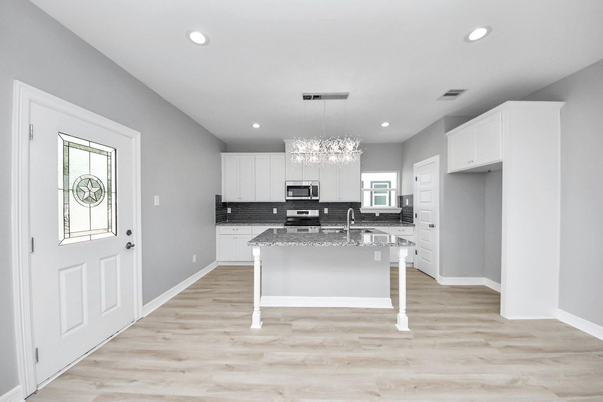 Chandelier, Interior, Kitchen, Pendant Lights, Recessed Lighting, Wood Texture Flooring