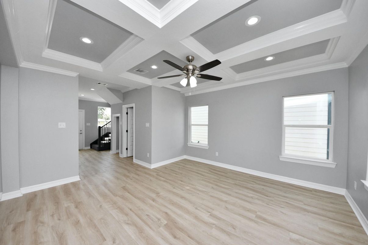 Empty room, Interior, Recessed Lighting, Wood Texture Flooring