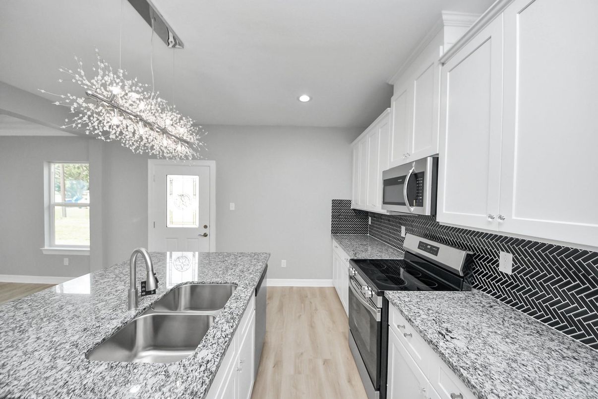Chandelier, Interior, Kitchen, Recessed Lighting, Wood Texture Flooring