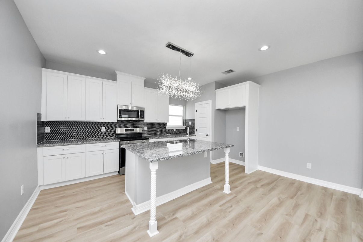 Chandelier, Interior, Kitchen, Pendant Lights, Recessed Lighting, Wood Texture Flooring