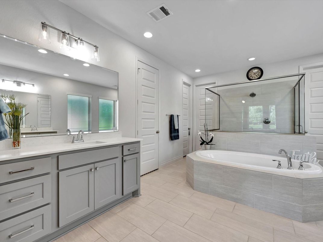 Bathroom, Dual Sink Vanities, Glass Shower, Interior, Recessed Lighting