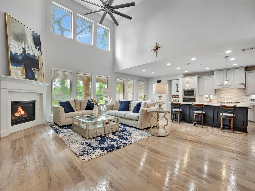 Fireplace, Interior, Kitchen, Living room, Pendant Lights, Recessed Lighting, Wood Texture Flooring